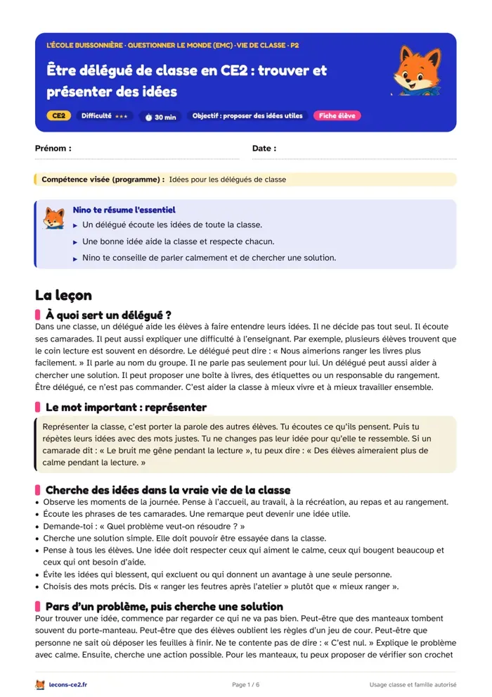 Aperçu de la fiche « Être délégué de classe en CE2 : trouver et présenter des idées » en PDF