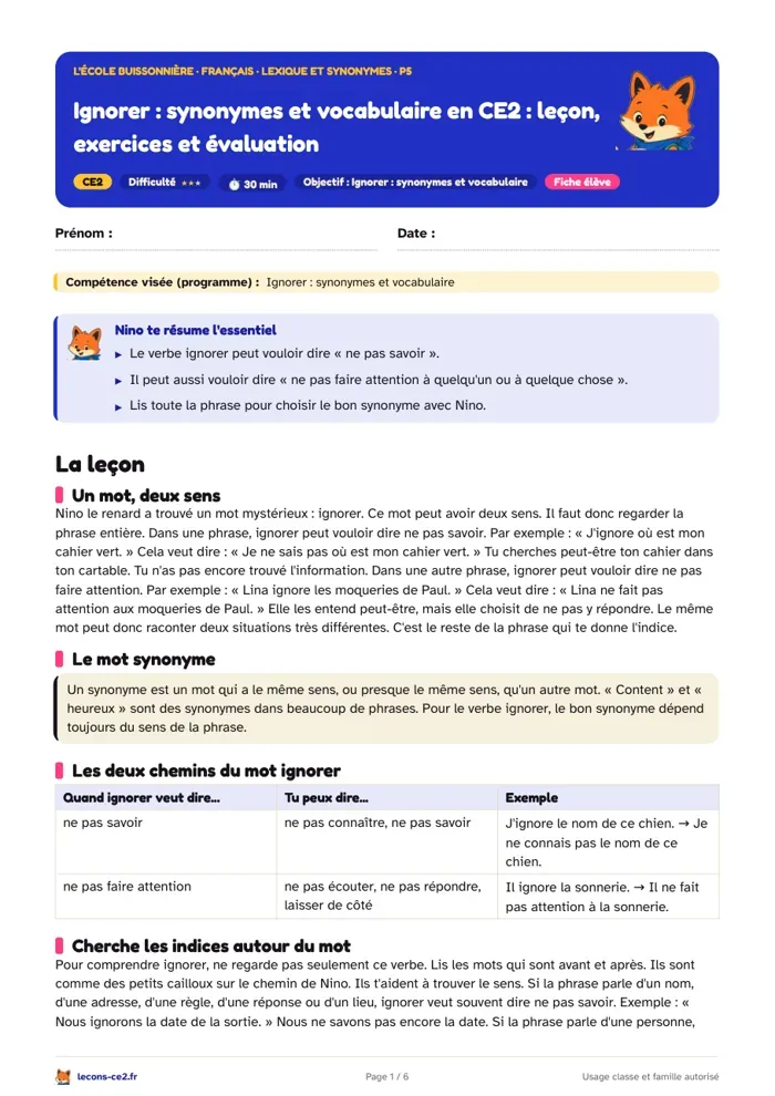 Aperçu de la fiche « Ignorer, synonymes et vocabulaire en CE2 : leçon, exercices et évaluation » en PDF