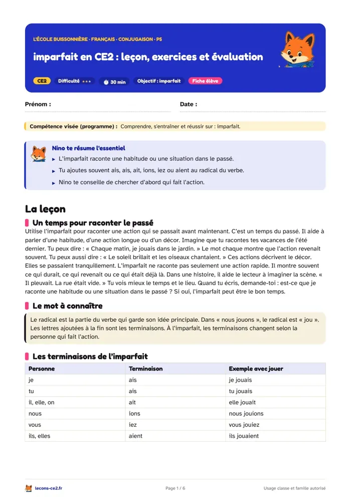 Aperçu de la fiche « imparfait en CE2 : leçon, exercices et évaluation » en PDF