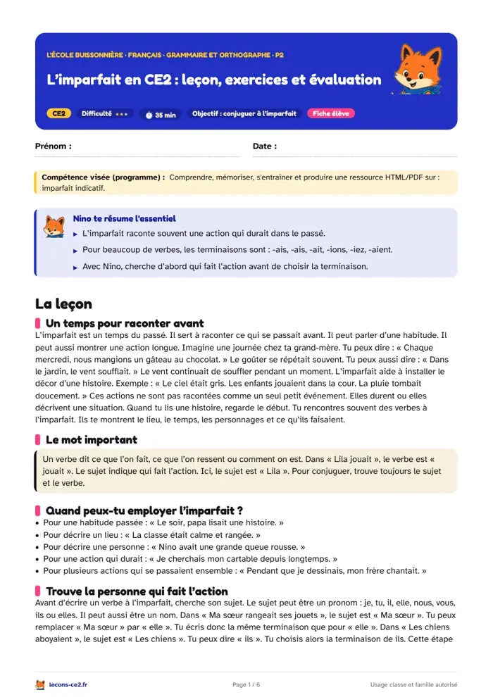 Aperçu de la fiche « L’imparfait de l’indicatif en CE2 : trouver le sujet, puis la bonne terminaison » en PDF