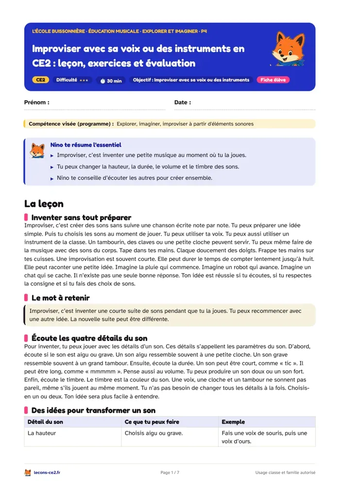 Aperçu de la fiche « Improviser avec sa voix ou des instruments en CE2 : leçon, exercices et évaluation » en PDF