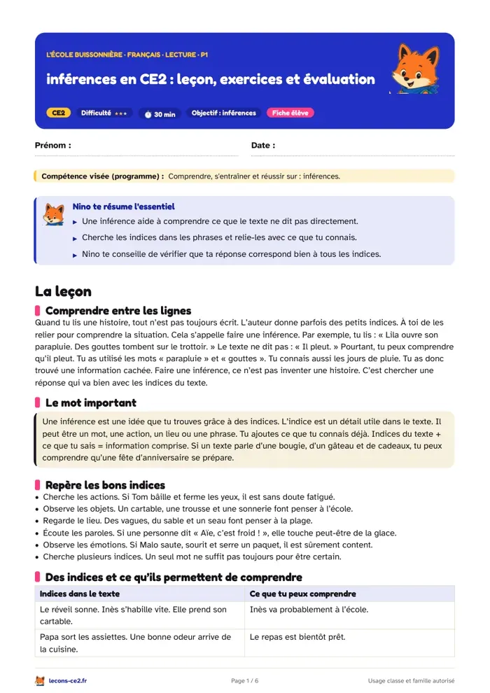 Aperçu de la fiche « Inférences en CE2 : leçon, exercices et évaluation » en PDF
