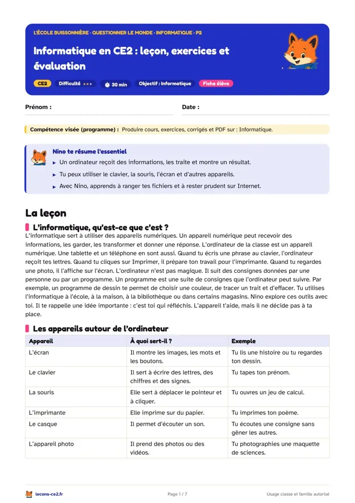 Aperçu de la fiche « Informatique en CE2 : leçon, exercices et évaluation » en PDF