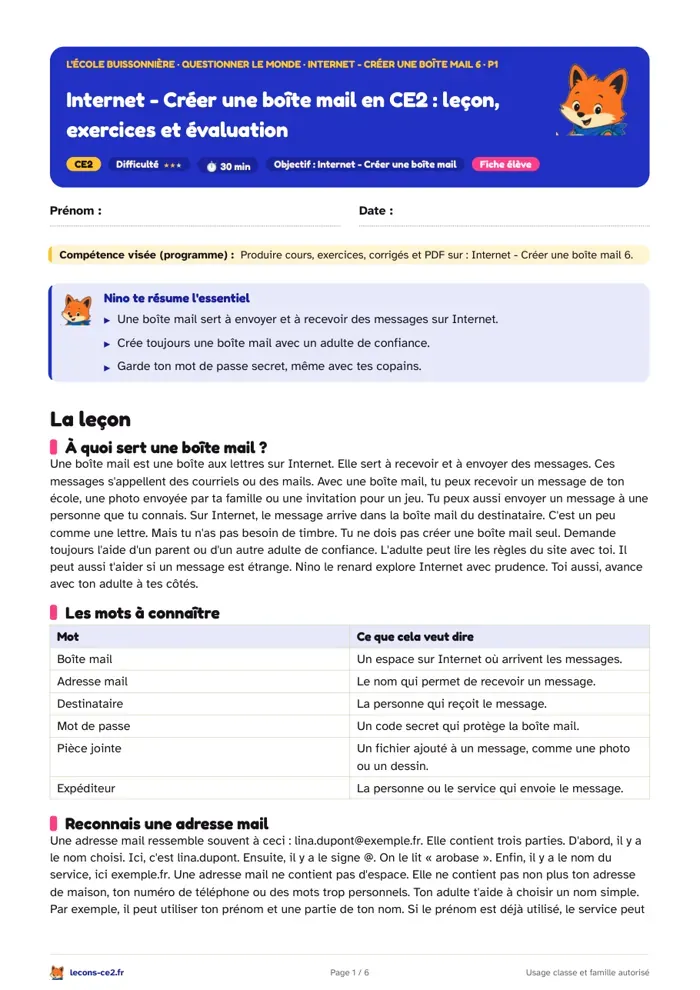 Aperçu de la fiche « Internet - Créer une boîte mail en CE2 : leçon, exercices et évaluation » en PDF