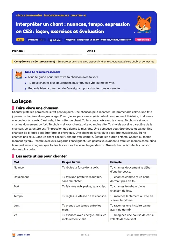 Aperçu de la fiche « Interpréter un chant avec nuances, tempo et expression en CE2 : leçon, exercices et évaluation » en PDF