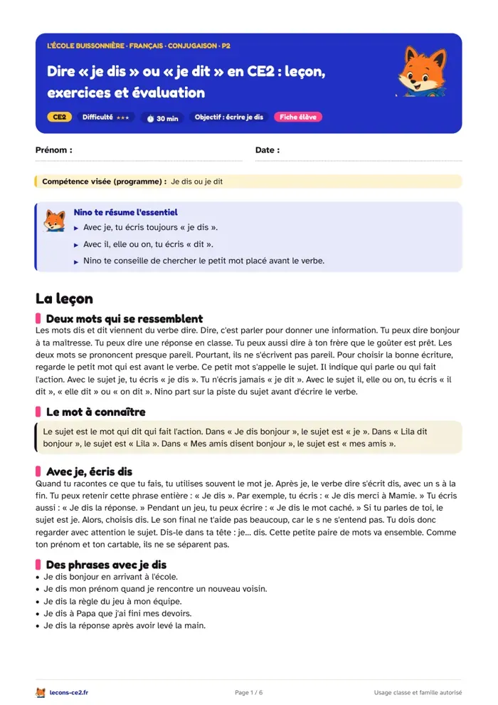 Aperçu de la fiche « Dire « je dis » ou « je dit » en CE2 : leçon, exercices et évaluation » en PDF