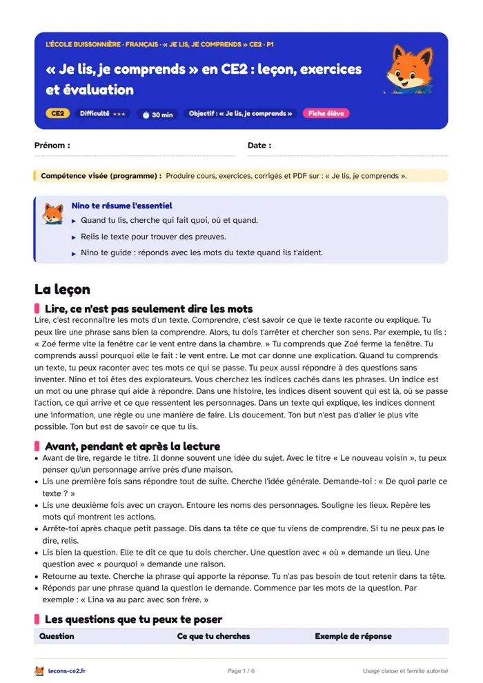 Aperçu de la fiche « « Je lis, je comprends » en CE2 : leçon, exercices et évaluation » en PDF