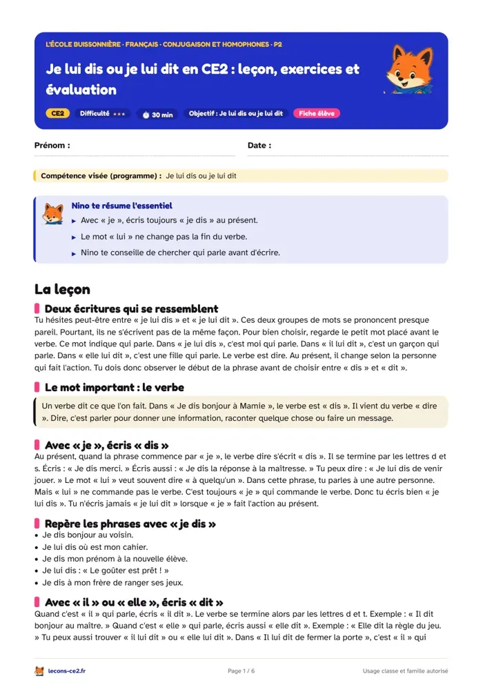 Aperçu de la fiche « Je lui dis ou je lui dit en CE2 : leçon, exercices et évaluation » en PDF