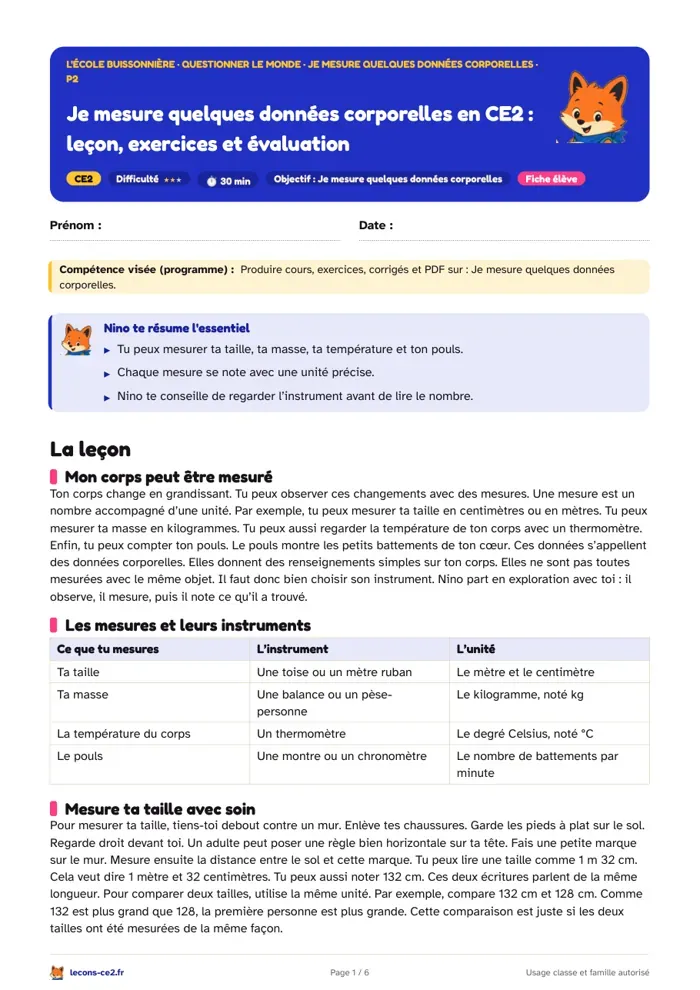 Aperçu de la fiche « Je mesure quelques données corporelles en CE2 : leçon, exercices et évaluation » en PDF