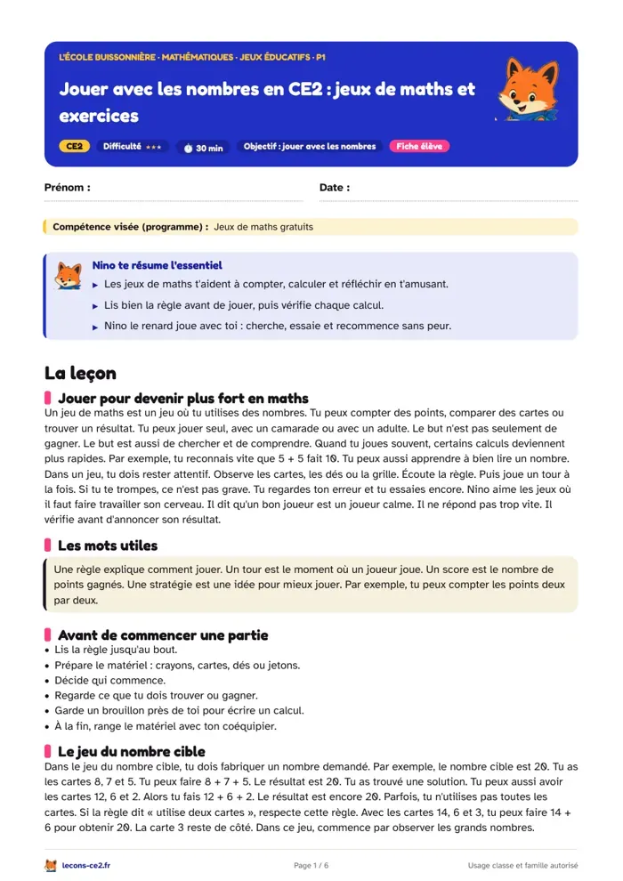 Aperçu de la fiche « Jouer avec les nombres en CE2 : jeux de maths et exercices » en PDF