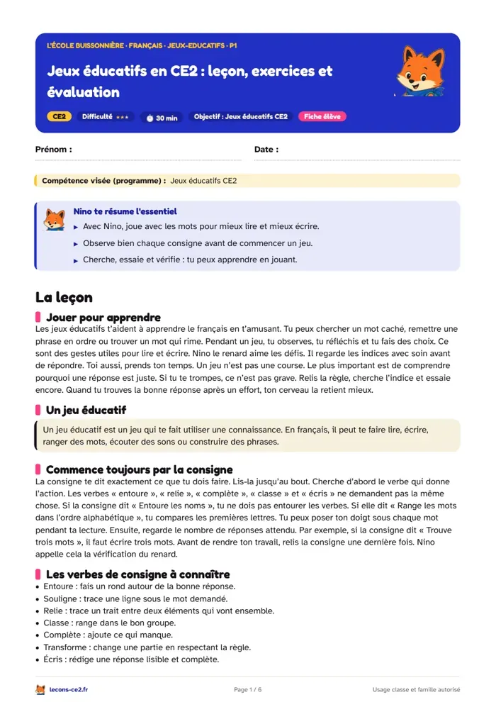 Aperçu de la fiche « Jeux éducatifs en CE2 : leçon, exercices et évaluation » en PDF