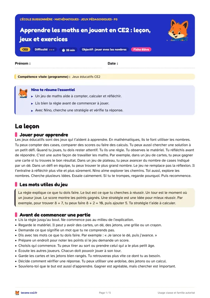 Aperçu de la fiche « Jeux éducatifs de maths en CE2 : lire la règle, trouver une stratégie » en PDF