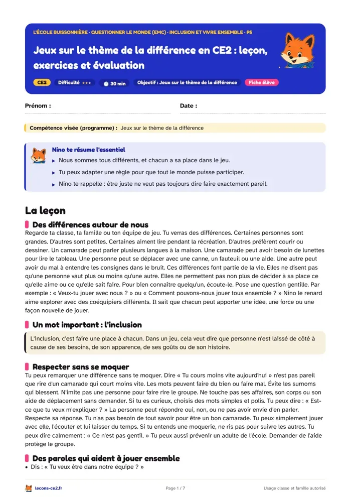 Aperçu de la fiche « Jeux sur le thème de la différence en CE2 : leçon, exercices et évaluation » en PDF