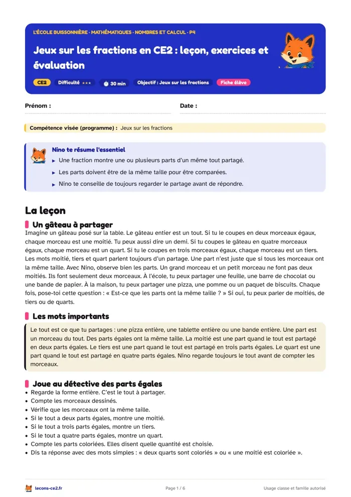 Aperçu de la fiche « Jeux sur les fractions en CE2 : leçon, exercices et évaluation » en PDF