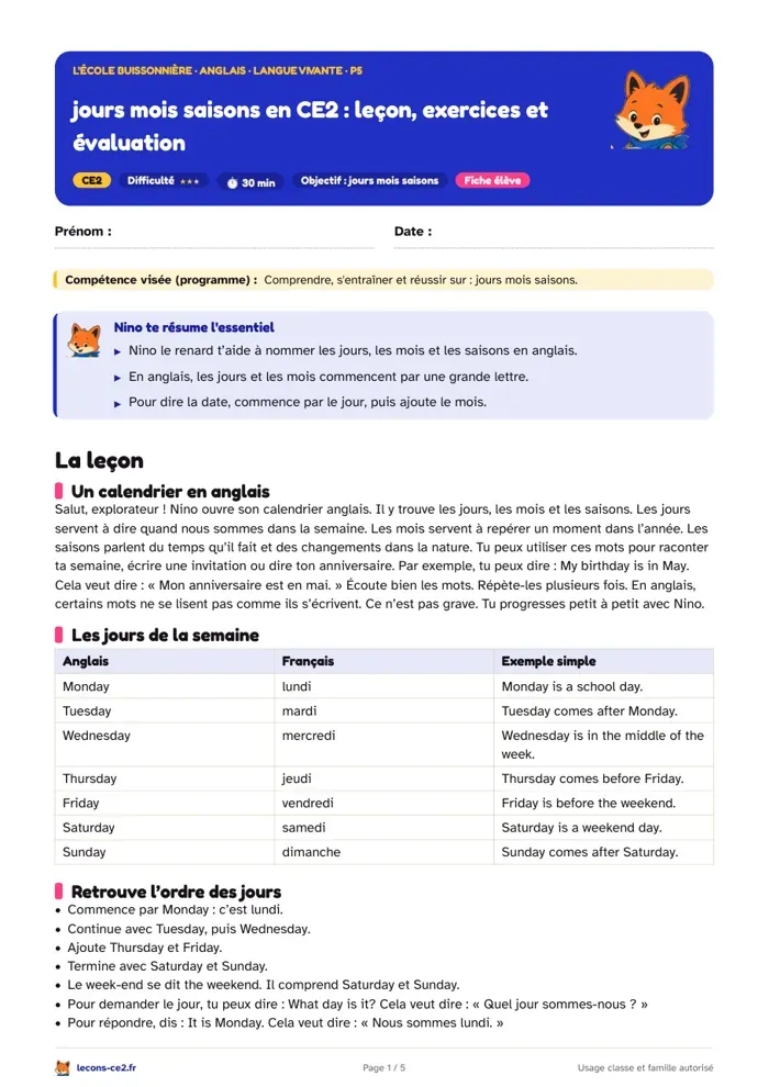 Aperçu de la fiche « Les jours, les mois et les saisons en anglais CE2 : leçon, exercices et évaluation » en PDF