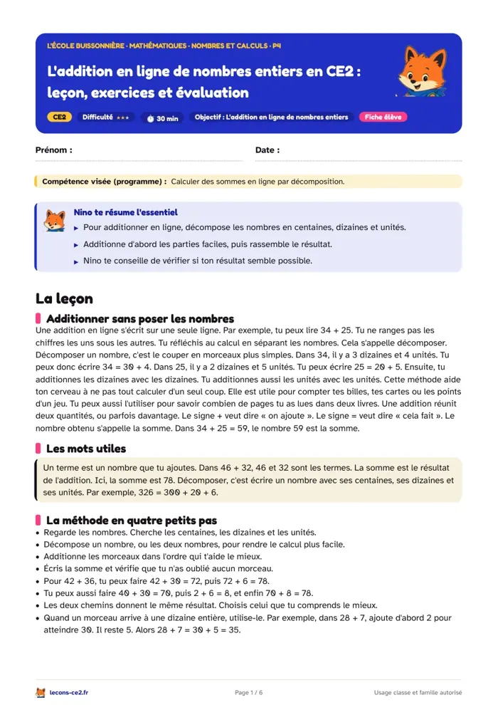 Aperçu de la fiche « L'addition en ligne de nombres entiers en CE2 : leçon, exercices et évaluation » en PDF