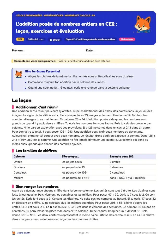 Aperçu de la fiche « L'addition posée de nombres entiers en CE2 : leçon, exercices et évaluation » en PDF