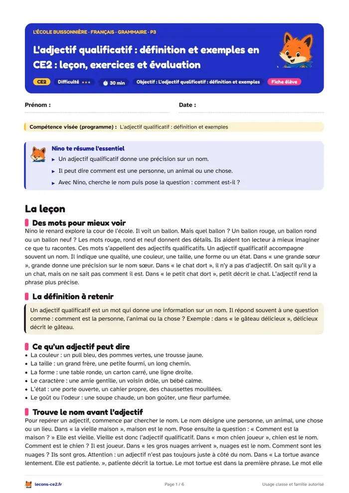 Aperçu de la fiche « L'adjectif qualificatif, définition et exemples en CE2 : leçon, exercices et évaluation » en PDF