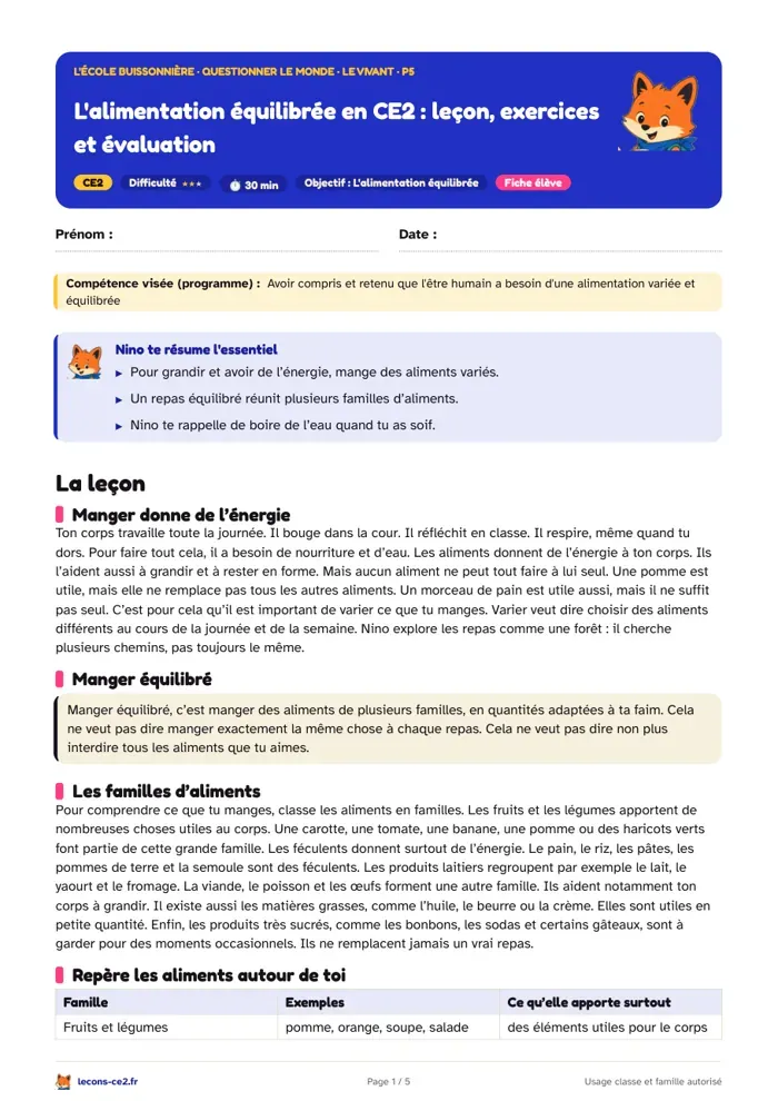 Aperçu de la fiche « L'alimentation équilibrée en CE2 : leçon, exercices et évaluation » en PDF