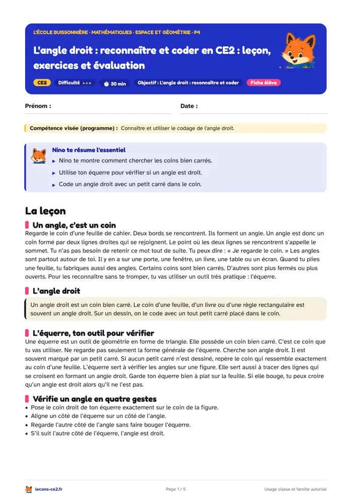 Aperçu de la fiche « Reconnaître et coder l'angle droit en CE2 : leçon, exercices et évaluation » en PDF