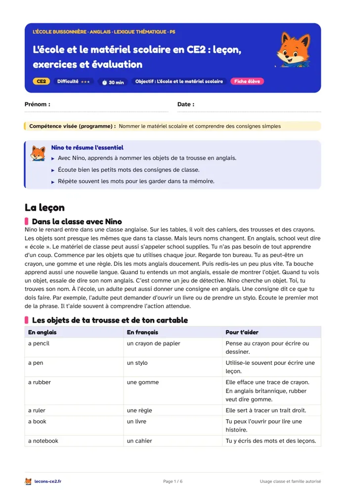 Aperçu de la fiche « Le matériel de classe en anglais : leçon, exercices et évaluation » en PDF