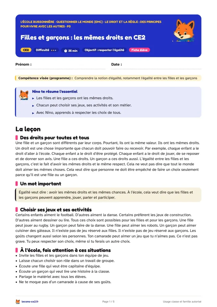 Aperçu de la fiche « Filles et garçons : les mêmes droits en CE2 » en PDF