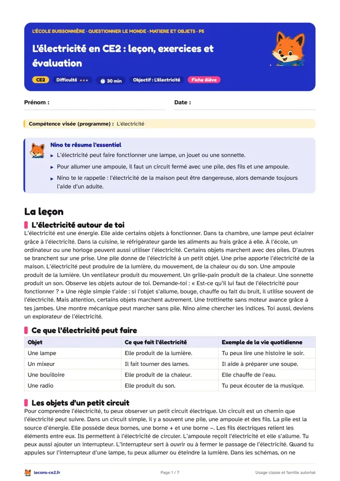 Aperçu de la fiche « L'électricité en CE2 : leçon, exercices et évaluation » en PDF