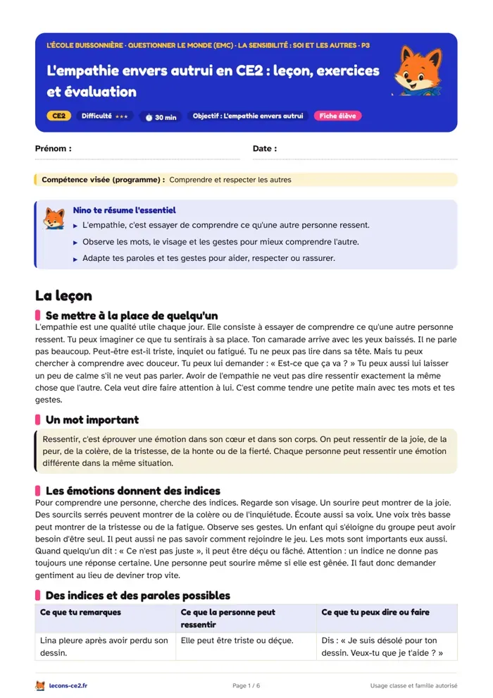 Aperçu de la fiche « L'empathie envers autrui en CE2 : leçon, exercices et évaluation » en PDF
