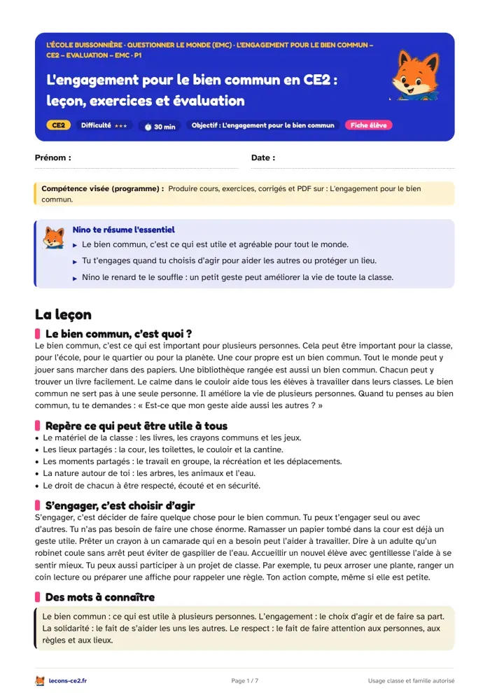 Aperçu de la fiche « L'engagement pour le bien commun en CE2 : leçon, exercices et évaluation » en PDF