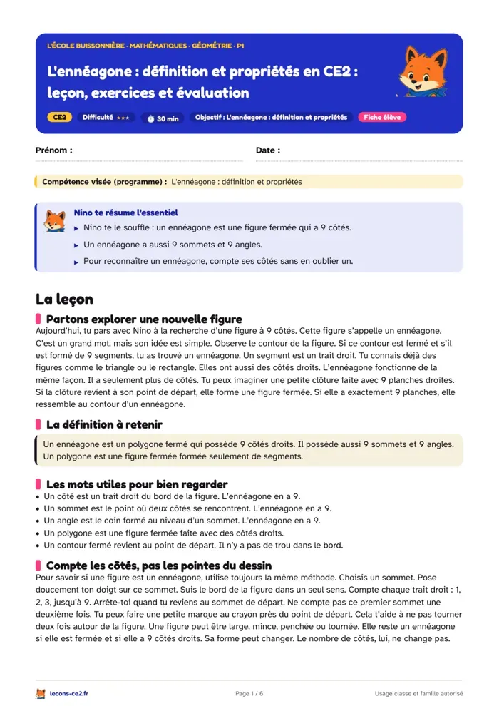 Aperçu de la fiche « L'ennéagone, définition et propriétés en CE2 : leçon, exercices et évaluation » en PDF