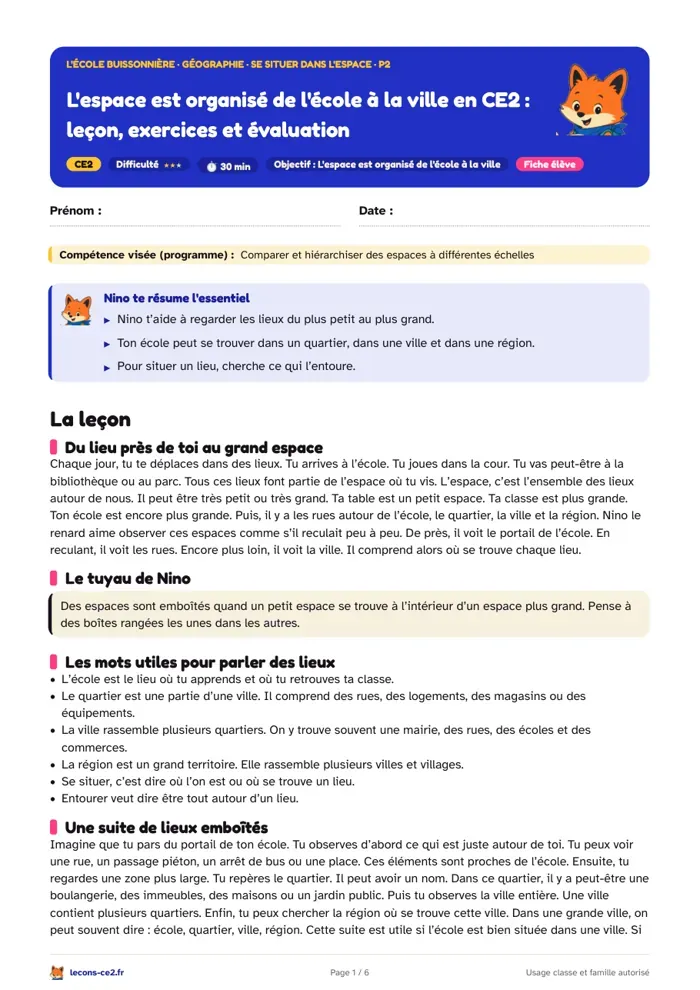 Aperçu de la fiche « L'espace est organisé de l'école à la ville en CE2 : leçon, exercices et évaluation » en PDF