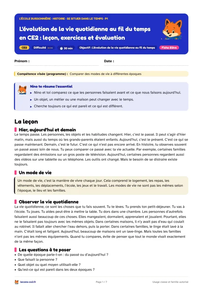 Aperçu de la fiche « L'évolution de la vie quotidienne au fil du temps en CE2 : leçon, exercices et évaluation » en PDF