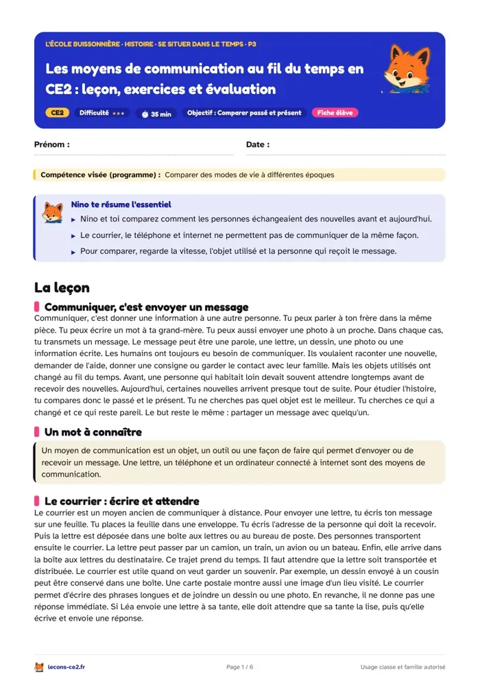 Aperçu de la fiche « Les moyens de communication au fil du temps en CE2 : leçon, exercices et évaluation » en PDF