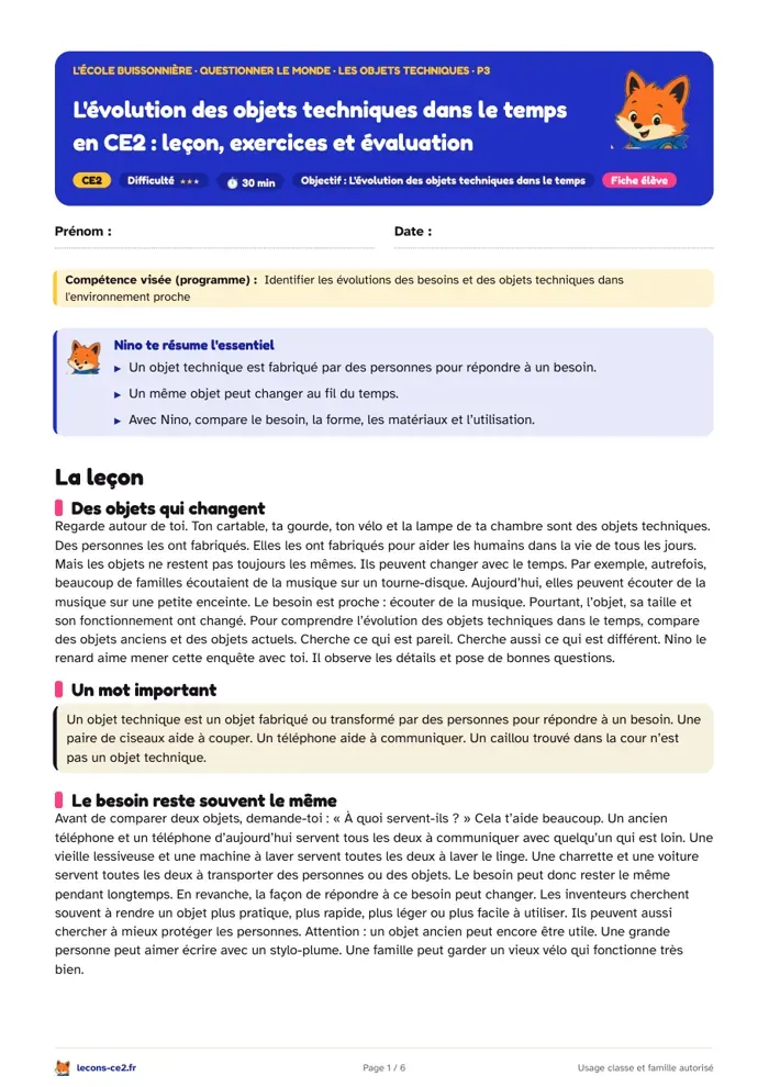 Aperçu de la fiche « L'évolution des objets techniques dans le temps en CE2 : leçon, exercices et évaluation » en PDF