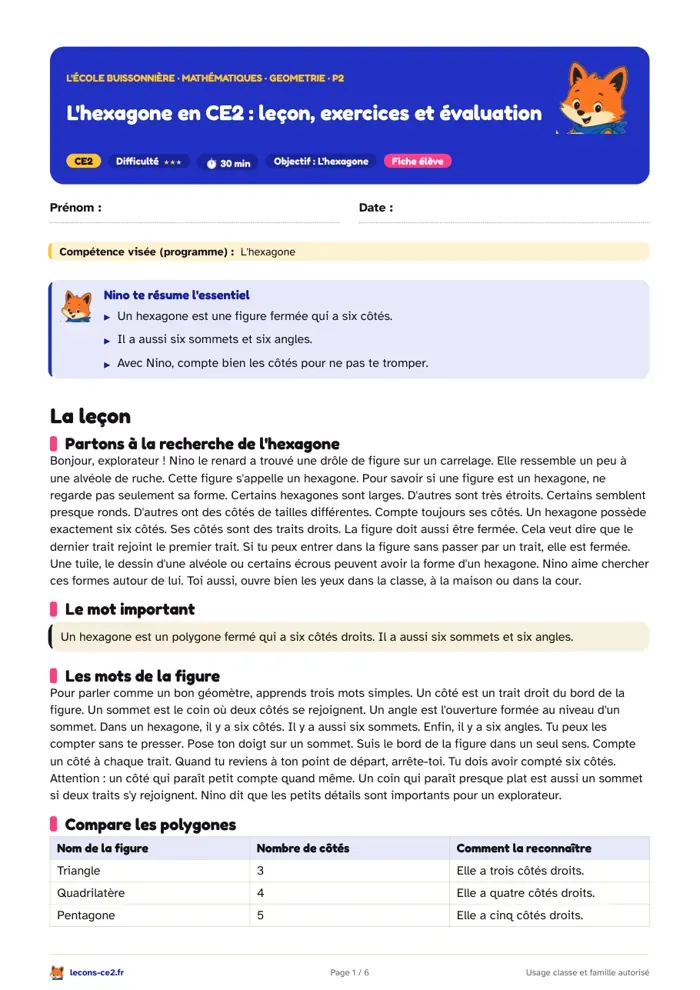 Aperçu de la fiche « L'hexagone en CE2 : leçon, exercices et évaluation » en PDF