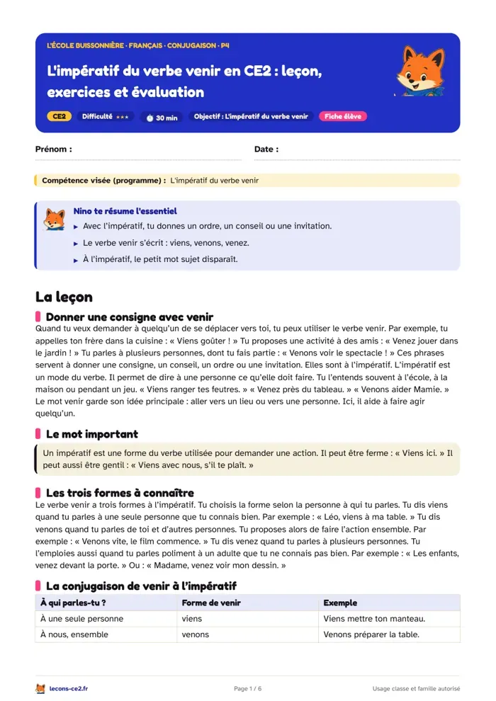 Aperçu de la fiche « L'impératif du verbe venir en CE2 : leçon, exercices et évaluation » en PDF