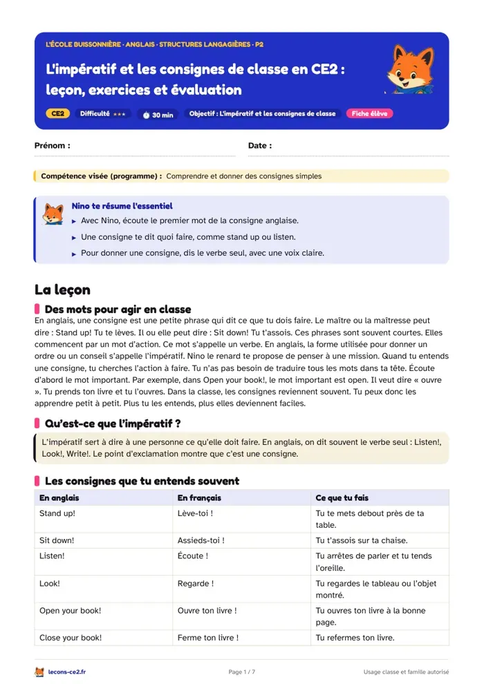 Aperçu de la fiche « L'impératif et les consignes de classe en CE2 : leçon, exercices et évaluation » en PDF