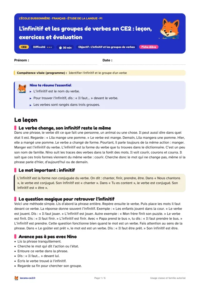 Aperçu de la fiche « L'infinitif et les groupes de verbes en CE2 : leçon, exercices et évaluation » en PDF