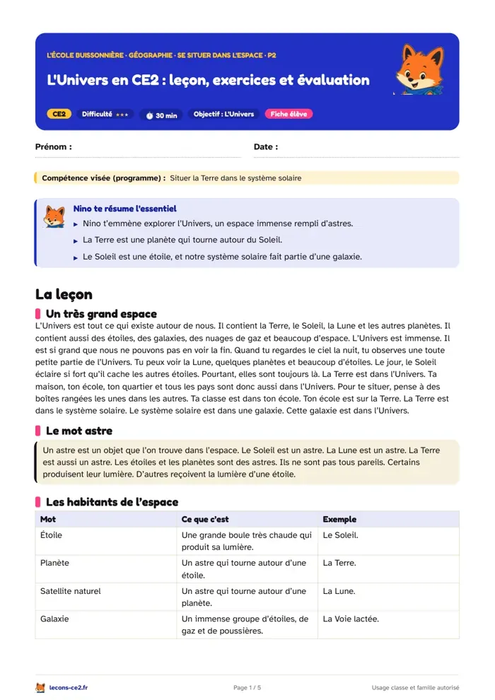 Aperçu de la fiche « L'Univers en CE2 : leçon, exercices et évaluation » en PDF