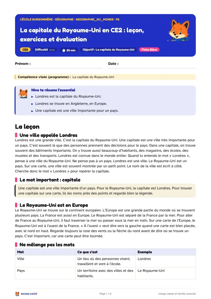 Aperçu de la fiche « La capitale du Royaume-Uni en CE2 : leçon, exercices et évaluation » en PDF