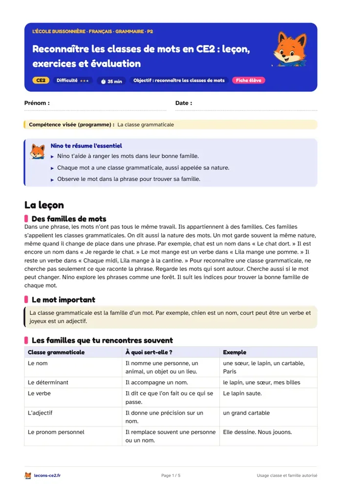 Aperçu de la fiche « Reconnaître les classes de mots en CE2 : leçon, exercices et évaluation » en PDF