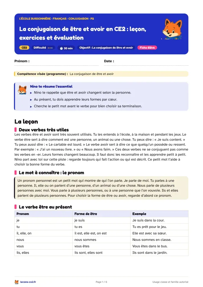 Aperçu de la fiche « La conjugaison de être et avoir en CE2 : leçon, exercices et évaluation » en PDF