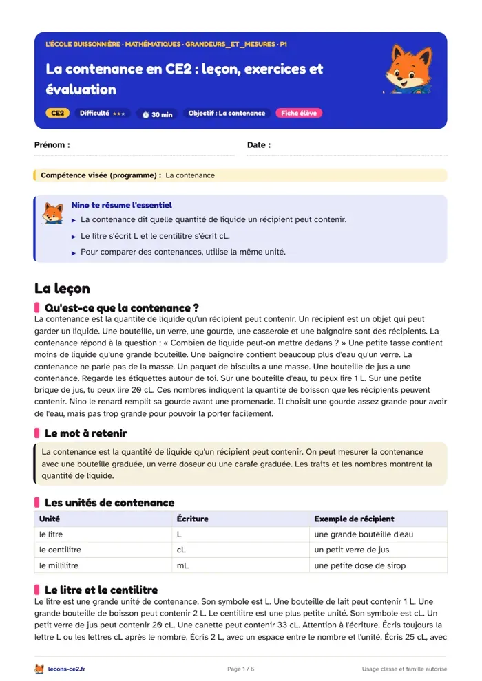 Aperçu de la fiche « La contenance en CE2 : leçon, exercices et évaluation » en PDF