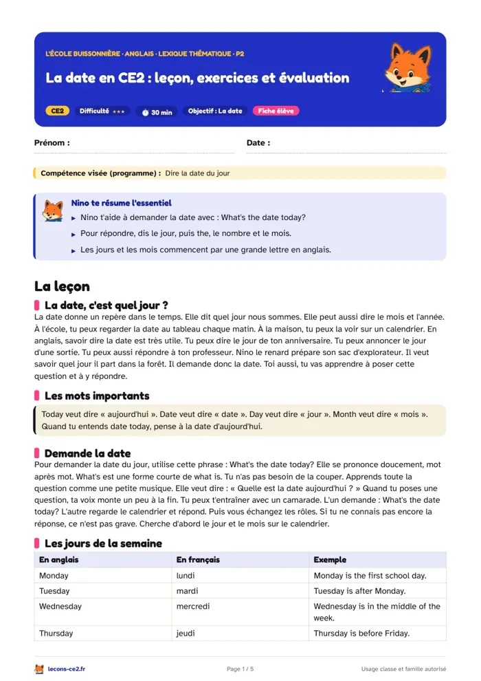 Aperçu de la fiche « La date en CE2 : leçon, exercices et évaluation » en PDF