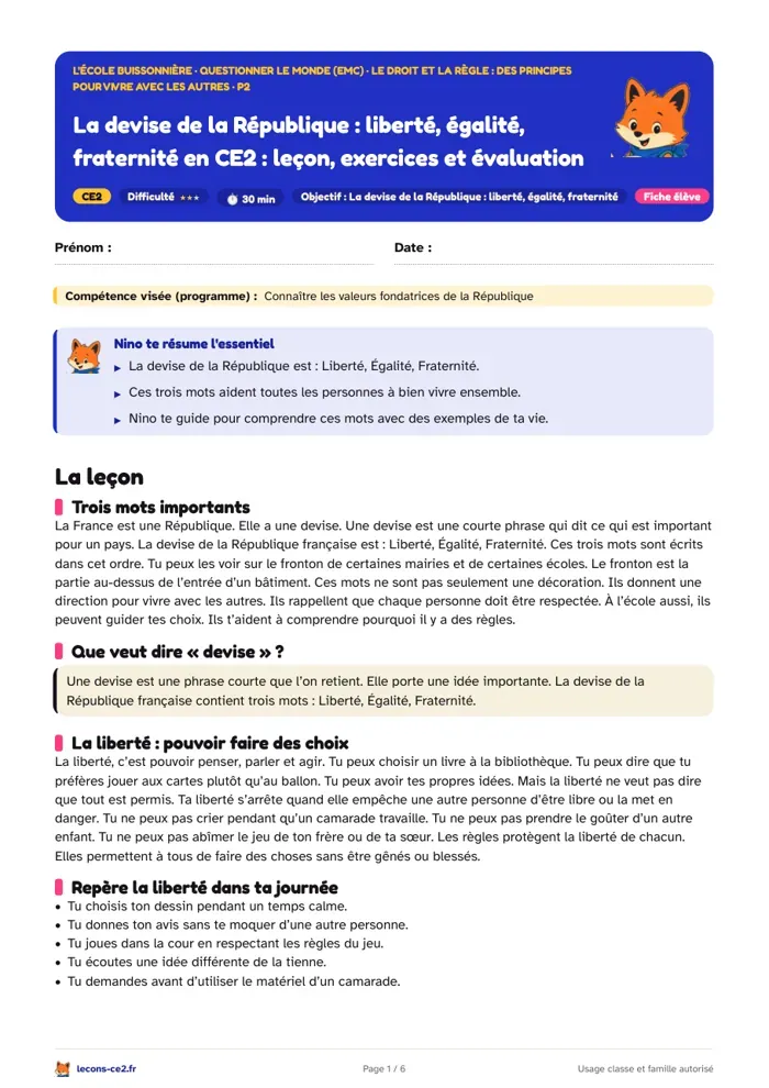 Aperçu de la fiche « La devise de la République « liberté, égalité, fraternité » en CE2 : leçon, exercices et évaluation » en PDF