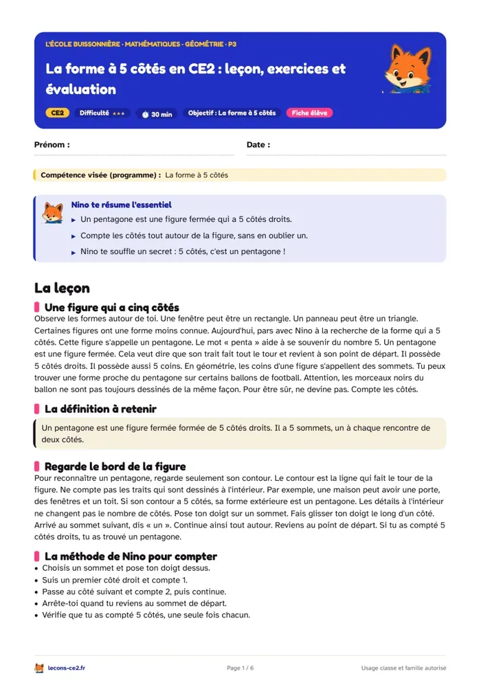 Aperçu de la fiche « La forme à 5 côtés en CE2 : leçon, exercices et évaluation » en PDF