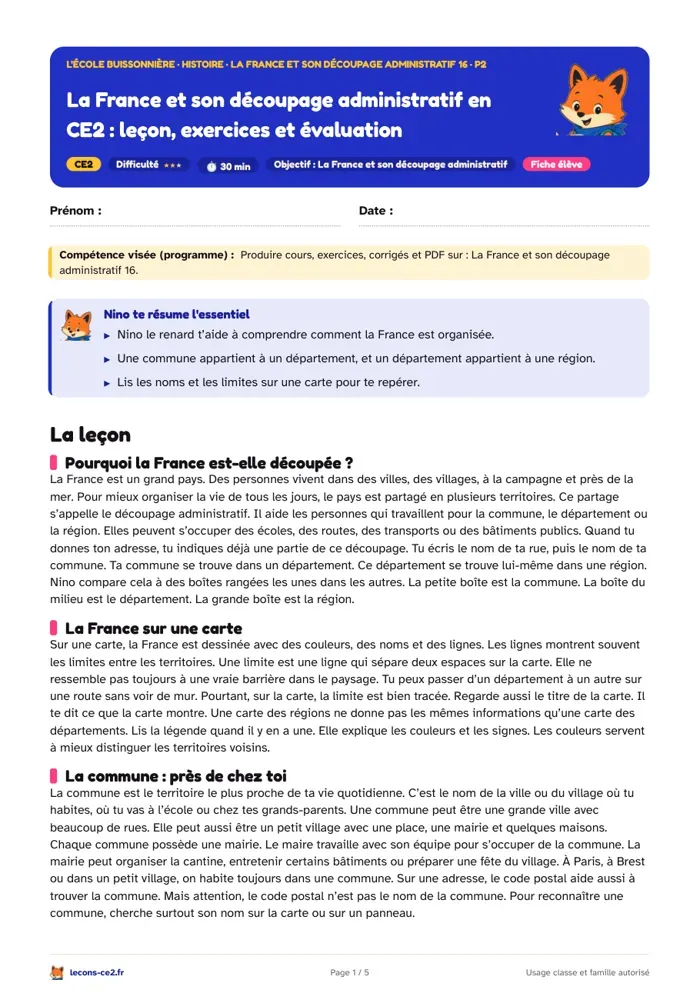 Aperçu de la fiche « La France et son découpage administratif en CE2 : leçon, exercices et évaluation » en PDF