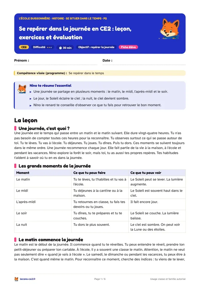 Aperçu de la fiche « Se repérer dans la journée en CE2 : leçon, exercices et évaluation » en PDF