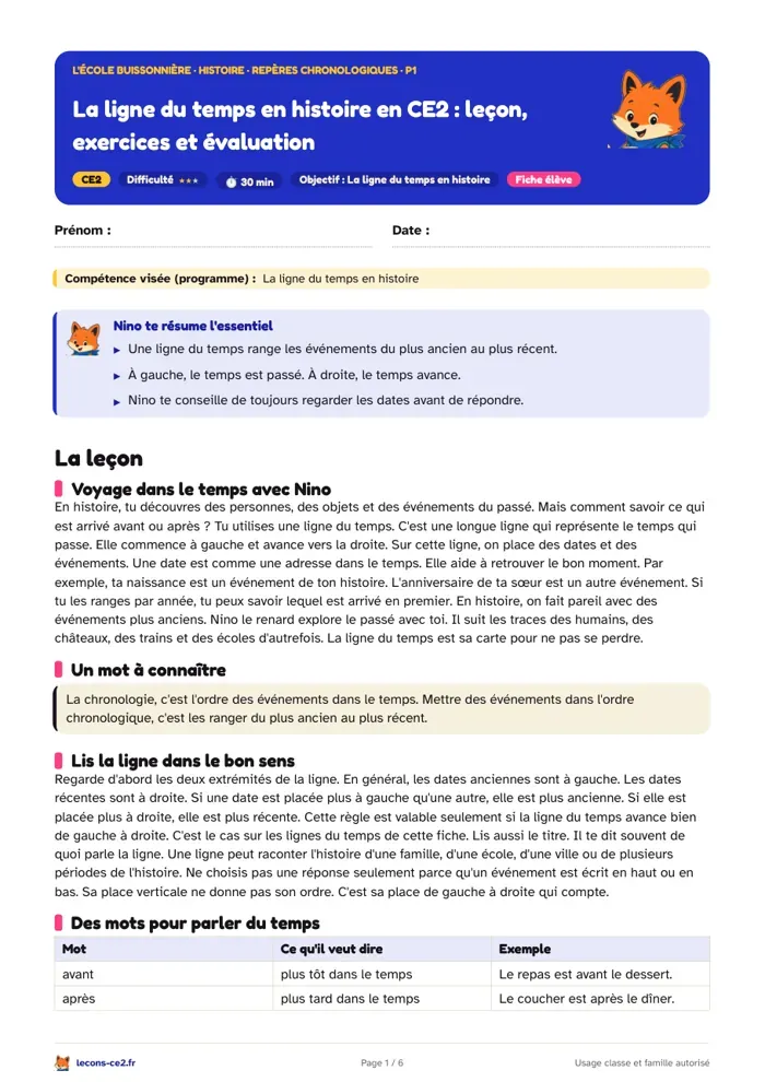 Aperçu de la fiche « La ligne du temps en histoire en CE2 : leçon, exercices et évaluation » en PDF