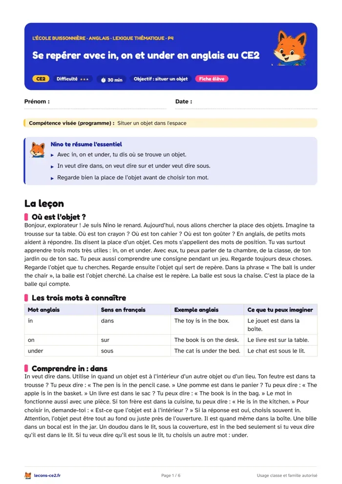 Aperçu de la fiche « Se repérer avec in, on et under en anglais au CE2 » en PDF